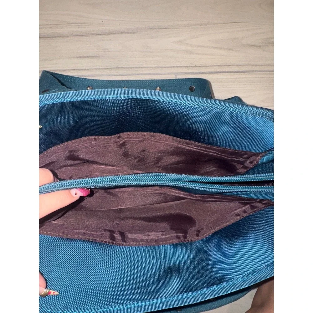 Kenneth Cole Reaction Teal Blue Nylon Studded Shoulder Bag Tote Multi-Pocket
